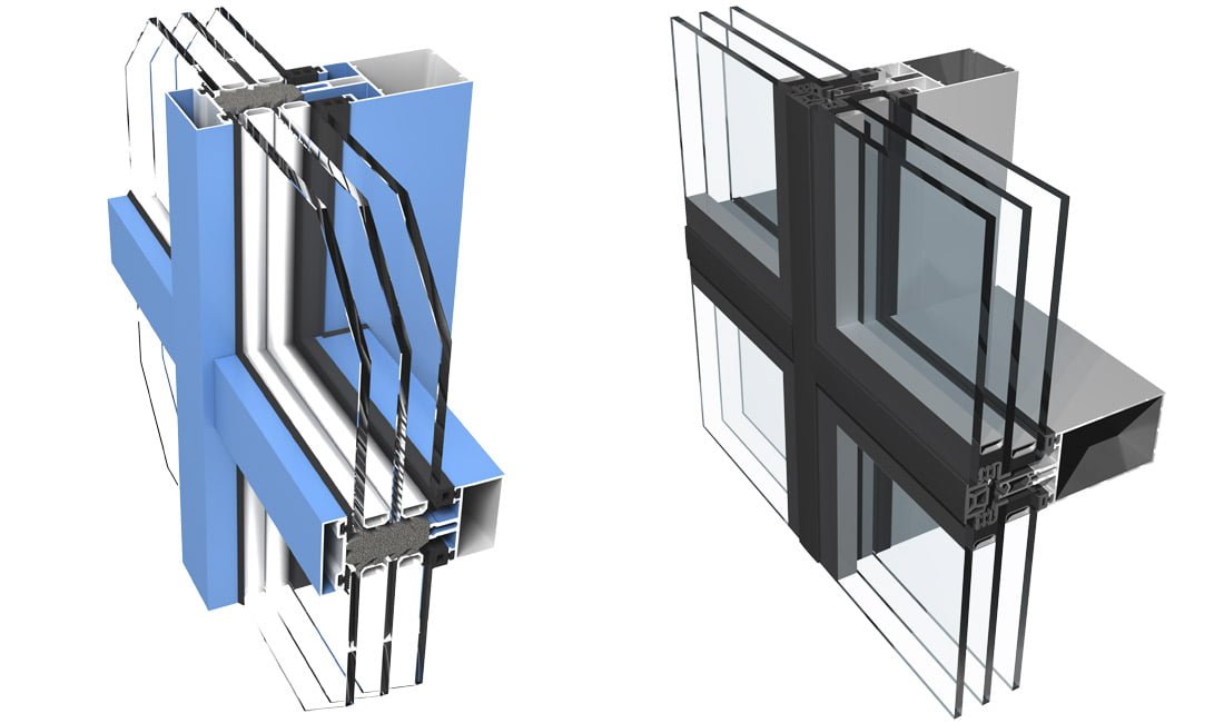 „Ponzio“ aliuminio profilių fasadų sistemos „PF152 HI“ (kairėje) ir „PF152 ESG“.