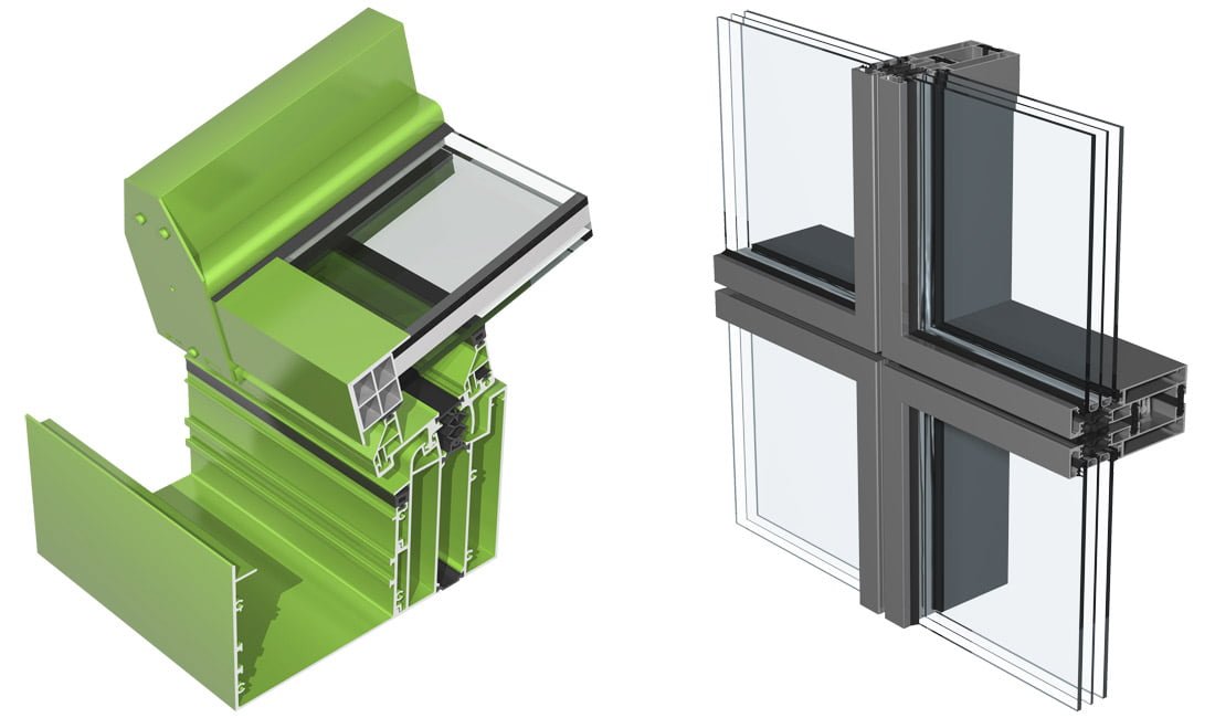 „Ponzio“ aliuminio profilių fasadų sistemos „PF152 WG“ (kairėje) ir „PF173“.