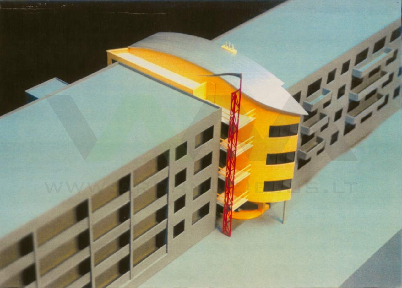 Projektavimo firmos „Nava“ biuro Kaune architektūros projektas, 1997 m., spalvota maketo nuotrauka, vaizdas iš viršaus. Arch. G. Natkevičius. Nuotraukos aut. G. Natkevičius.