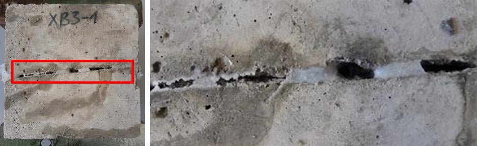 2 pav. Kristalizacijos produktais užsandarinto plyšio betone vaizdas.