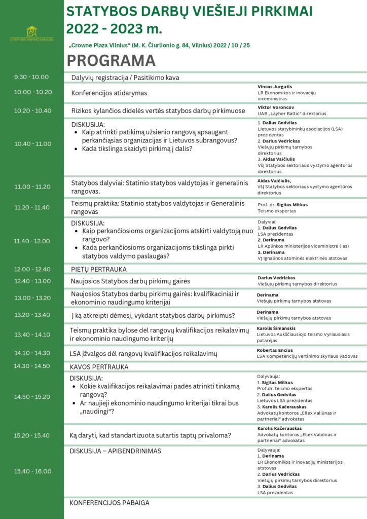 Spalio 25 d. konferencijoje „Statybos darbų viešieji pirkimai 2022-2023 m.” bus kalbama apie tai, kaip gerinti viešųjų pirkimų padėtį Lietuvoje 2 Invitation 8.26 × 11.69 in 15 page 0001