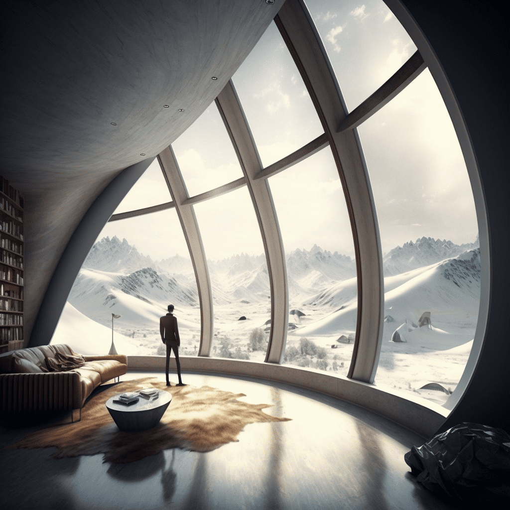 interior futuristic curved roof interior large tall windows with a snowy large mountains and small village view cold tones