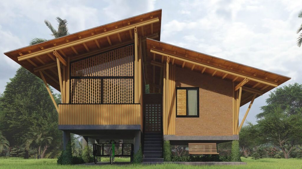 bambuko konsrtukcijos ekologiska statybu medziaga tvarus pastatai vizualizacija namas matias irrgang dazzini