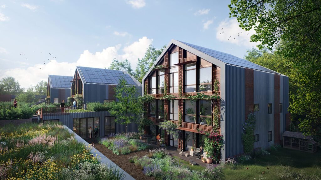 🟢 Architektė Gabrielė Jurevičiūtė: „Vis pagalvodavau, kad man kažko trūksta tradicinėje architektūroje“ 6 Pirmasis siuo metu Den Boscho mieste Olandijoje statomas gyvenamasis kompleksas „Boschgaard is antrakart naudojamu medziagu gautu demontavus buvusio bendruomenes pastato konstrukcijas. Architektu vizualizacija