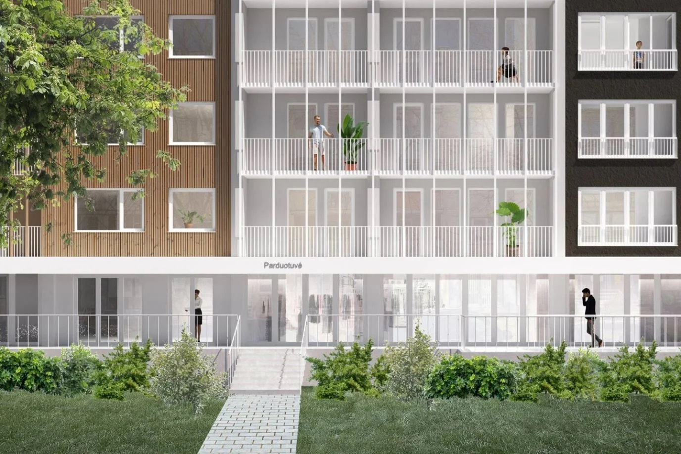 🟢 Kvartalinė renovacija: nuo socialinių būstų modernizavimo iki dangoraižių atnaujinimo 5 Anyksciuose esanciu daugiabuciu ir aplinkos renovacijos vaizdas. Office de Architectura vizualizacija