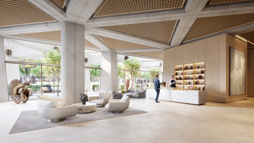 🟢 Kvartalinė renovacija: nuo socialinių būstų modernizavimo iki dangoraižių atnaujinimo 18 Pirmieji aukstai atsivers ir taps jungtimi su kvartalo viesosiomis erdvemis. dbox ir „Foster Partners vizualizacija 2