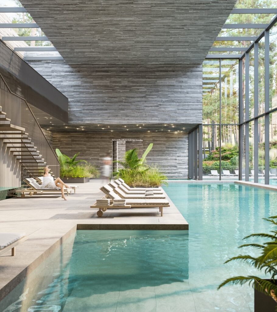 Klaipėdoje planuojamas terminių mineralinių vandenų viešbutis 4 Hilton thermal SPA vizualizacija vidaus baseinas