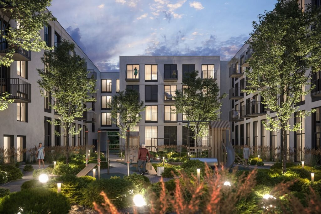 Virš Žirmūnuose statomo pirmo tokio Lietuvoje daugiabučių komplekso iškeltas pabaigtuvių vainikas 3 Kaita Group Moods kiemelis