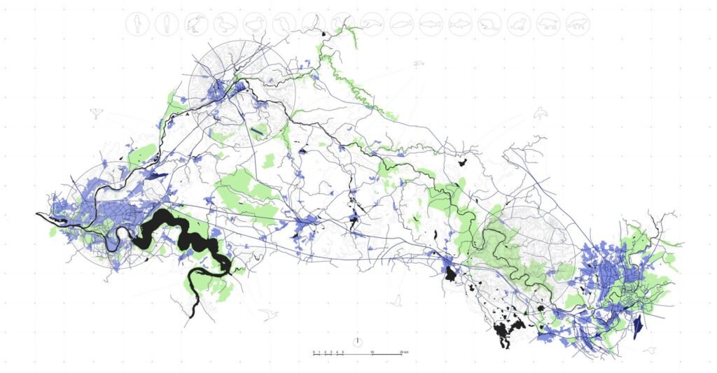 Lietuvai – išskirtinis tarptautinis projektas: italų architektai siūlo „Ecometropolis“ Vilniui ir Kaunui 3 neris 3 Kaunas–Vilnius – regionine Neries upes koridoriaus schema atskleidzianti urbanizuotu teritoriju ir zaliuju plotu rysius bei ekologini testinuma tarp dvieju miestu
