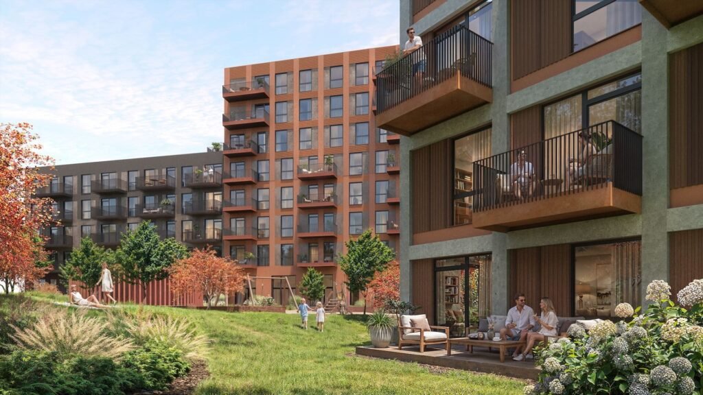 „Migdolų namai“ Pašilaičiuose – 25 mln. eurų konversijos projektas 2 „Migdolų namai“ gyvenamojo kvartalo projekto vizualizacija