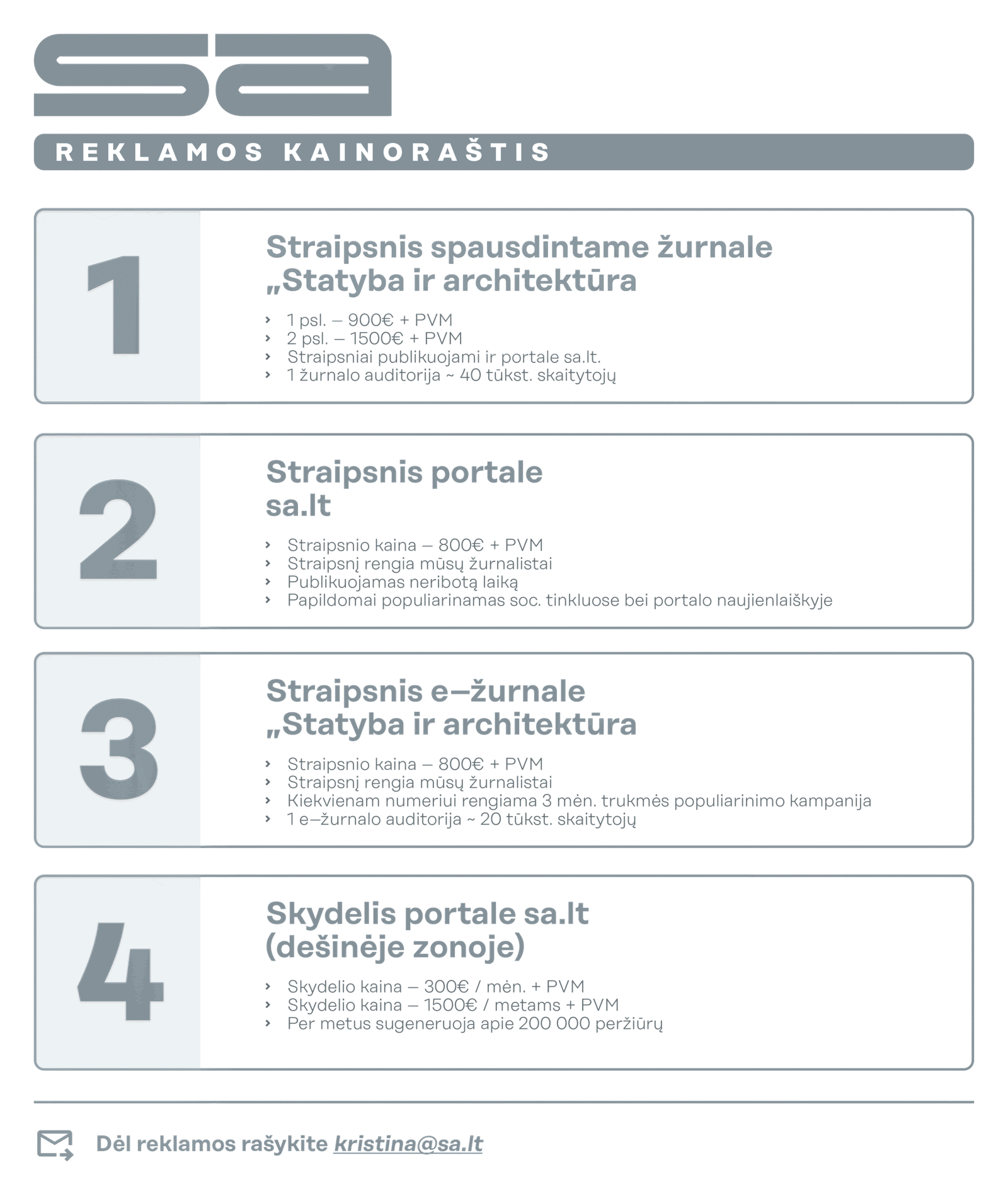 Reklama 1 SA reklama 2026 – kainos