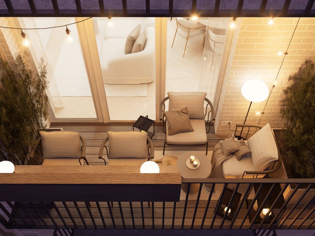 Pamiršta kvadratūra: kaip balkonas iš sandėliuko tampa vertingiausia namų erdve 2 Balkono dizaino vizualizacija. Jaukus apšvietimas