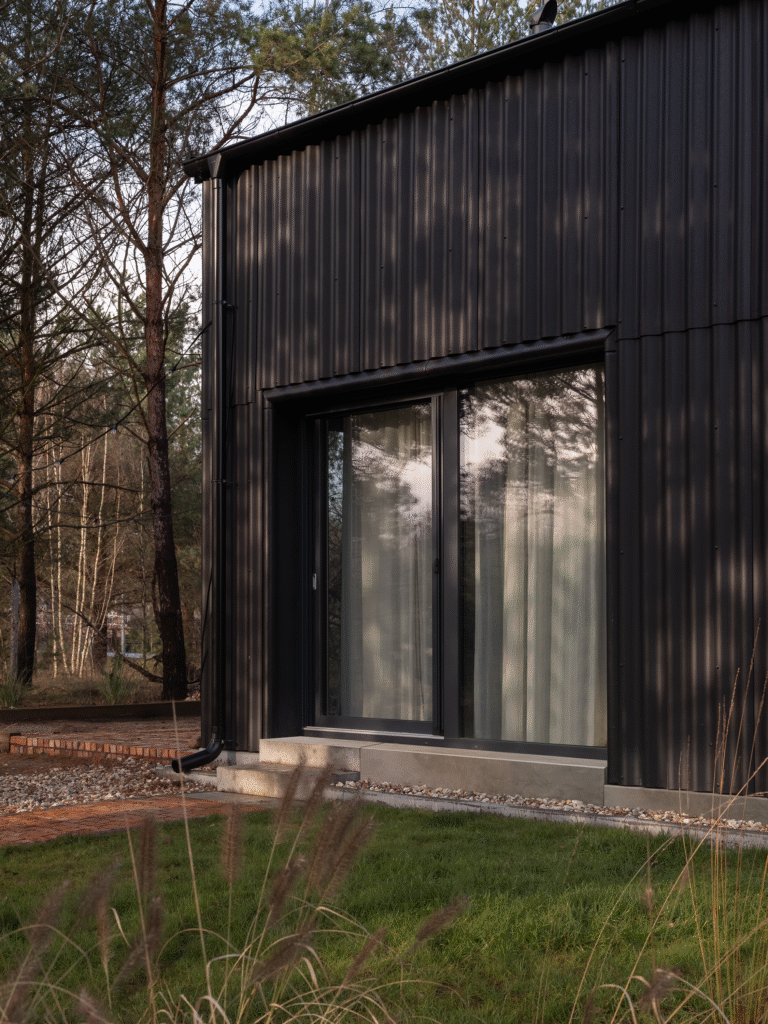 Už standarto ribų: vientisa banguotųjų stogo ir fasado lakštų architektūra 8 juodas namas medzio apdaila banguotu lakstu stogas 2