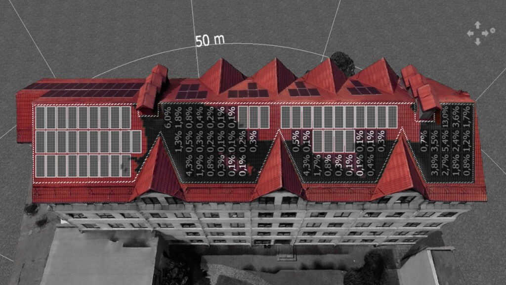 Metaarchitektūra: kaip architektai kuria išmaniuosius pastatus? 7 Fotovoltinių saulės kolektorių išdėstymo ir šešėliavimo simuliacijos. IMIC iliustracija