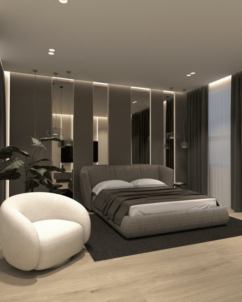 Miegamojo ir drabužinės tandemas šiuolaikiniuose namuose 5 Minkšti paviršiai miegamajame interjere
