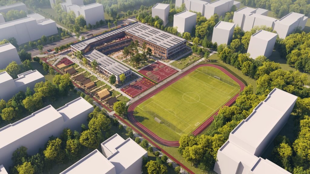 Šiuolaikinė architektūra kuriama profesionalų ir visuomenės akimis 12 Bučos mokyklos Ukrainoje vizualizacija. Architektai „2L architects & engineers“