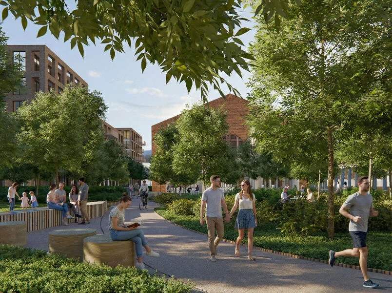 Banginio konversija Vilniuje: Šiaurės miestelyje planuojamas mišrios paskirties žalias kvartalas 4 Banginio konversija - naujos teritorijos parkas. Vizualizacija