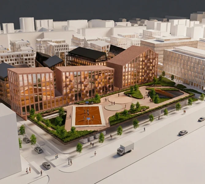 Banginio konversija Vilniuje: Šiaurės miestelyje planuojamas mišrios paskirties žalias kvartalas 3 Banginio konversija - naujos teritorijos urbanistinė-architektūrinė koncepcija. Vizualizacija