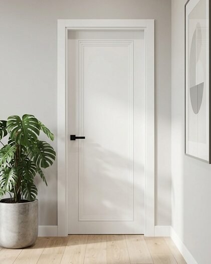 Vidaus durys mažame bute: kaip pasirinkti sprendimą, kuris „nesuvalgytų“ erdvės? 3 Baltos vidaus durys su apvadu