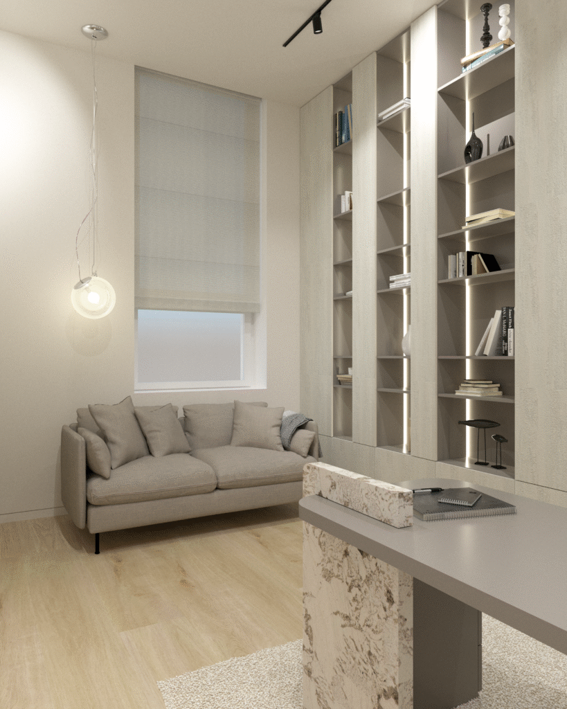 Darbo kambarys – erdvė, kuri dirba jums 15 Darbo kambario interjeras - poilsio zona, sofa, lentynos