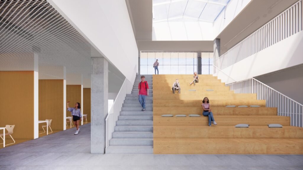 Pavilnyje iškils nauja progimnazija: baseinas, modernios laboratorijos ir vieta beveik 1 000 mokinių 3 Amfiteatras Progimnazija Lozoraicio g Office De Architectura vizualizacija