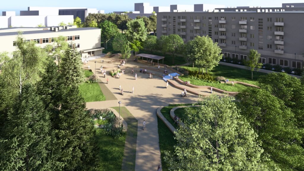 Atnaujinama Naujosios Vilnios aikštė – tranzitinė erdvė taps vieta su amfiteatru ir lietaus sodu 2 Naujos Vilnios aikstes vizualizacijos 1. Vilniaus vystymo kompanijos nuotr