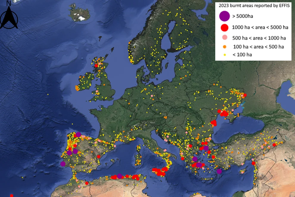 Kaip prisitaikymas prie klimato kaitos transformuos Europos miestus? I dalis 6 Europe Lage Fires 2023 from EFFIS 02w