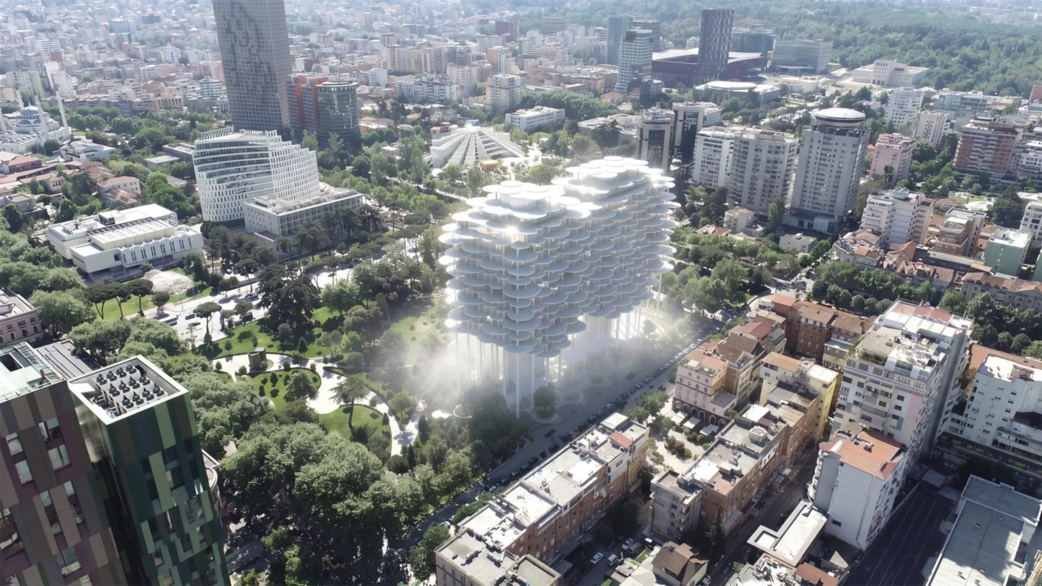 Pasiūlė naują pastatą pakelti virš parko, o žemės lygį palikti žmonėms 4 bigs tirana fountain tower