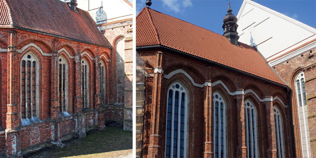 Presbiterijos fasadai prieš ir po restauracijos. Astos Prikockienės nuotr.